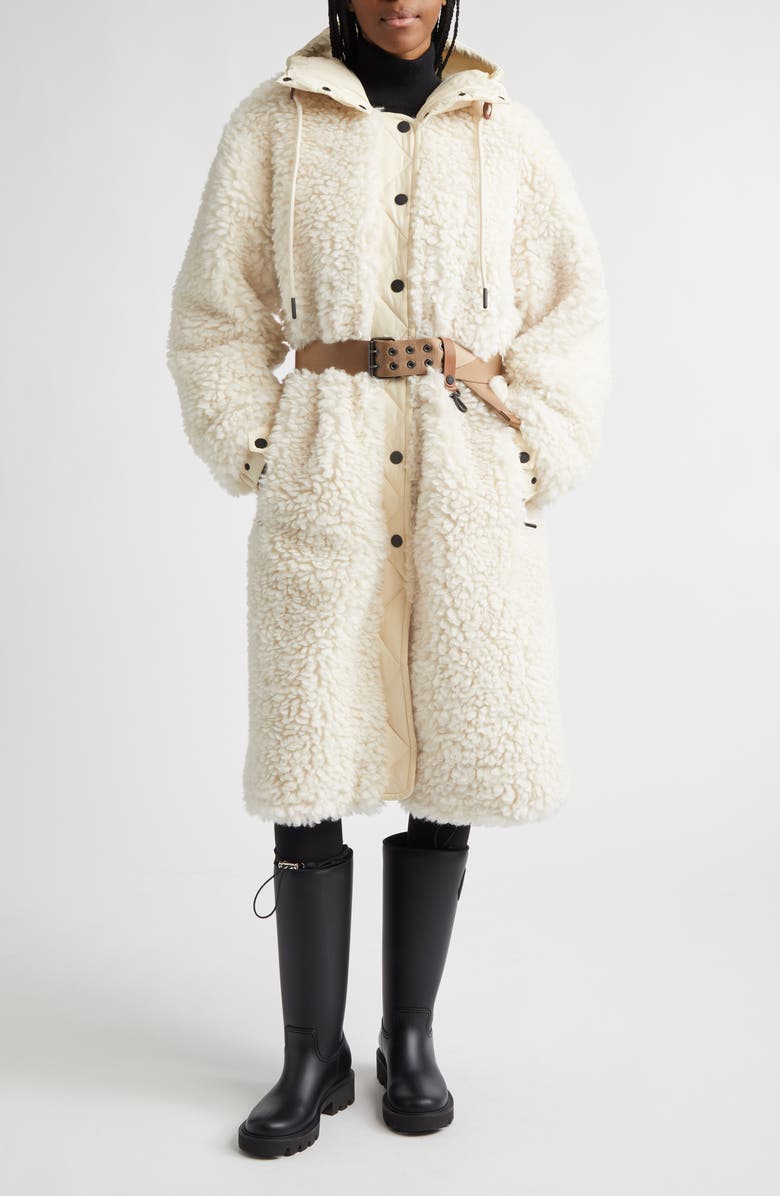 Moncler Grenoble Blavet Teddy Fleece Long Coat, Main, color, White
