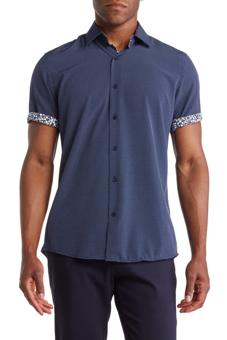 Slim Fit Short Sleeve Performance Stretch Button-Up Shirt, Main, color, NAVY BLUE