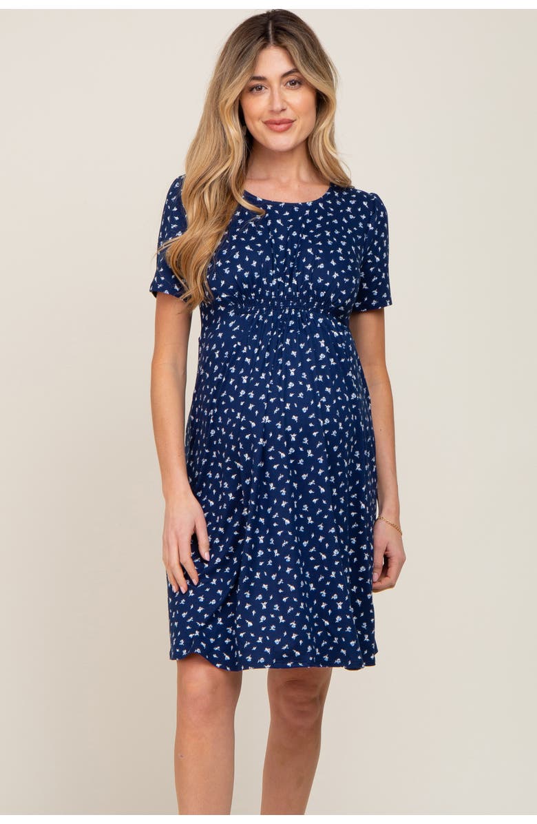 PinkBlush Floral Smocked Short Sleeve Dress, Main, color, Navy Blue