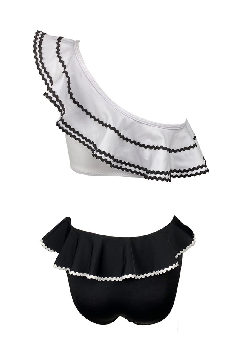 One-Shoulder Cutout Ring-Detail One-Piece Swimsuit, Alternate, color, White-Black
