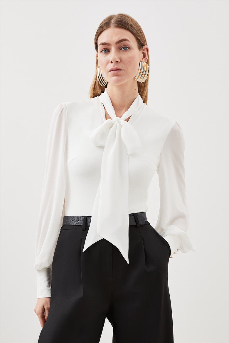 Tie Neck Long Sleeve Bodysuit, Main, color, Ivory
