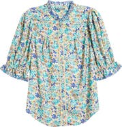 Wit & Wisdom Print Ruffle Eyelet Shirt