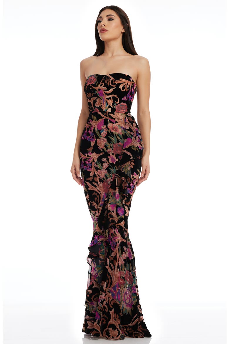 Paris Ruffle Strapless Gown, Alternate, color, BLACK MULTI