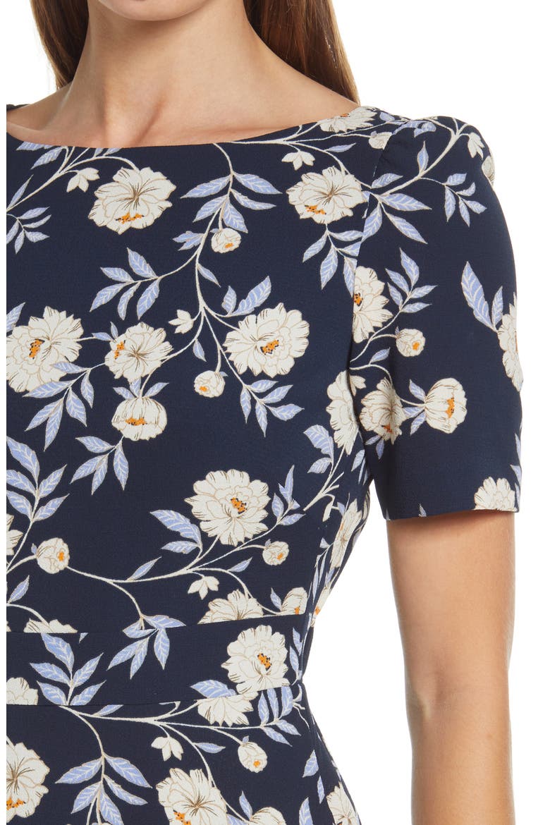Floral Puff Sleeve Fit & Flare Dress, Alternate, color, NAVY
