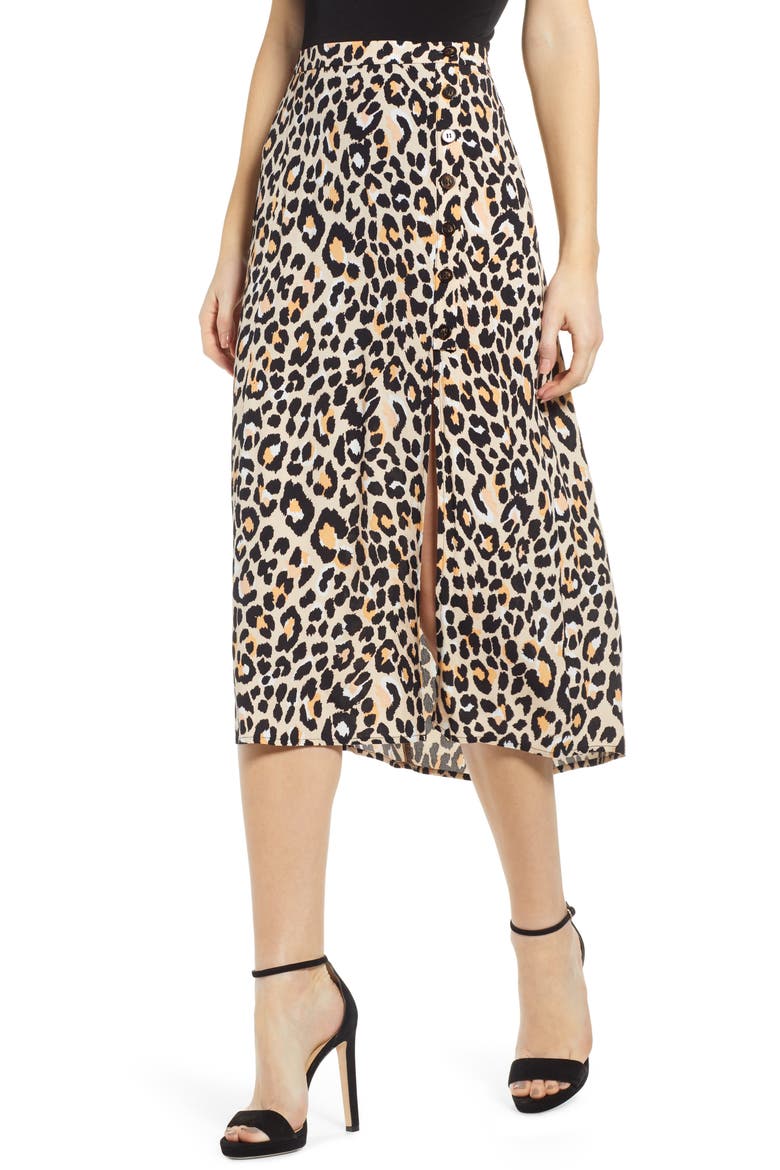 Leopard Print Button Front Midi Cotton Blend Skirt, Main, color, LEOPARD PRINT