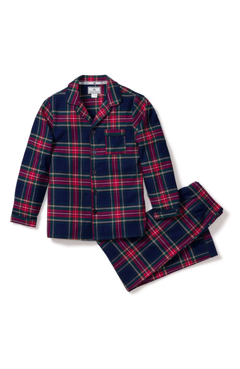 Petite Plume Kids' Windsor Tartan Plaid Two-Piece Pajamas, Main, color, Navy