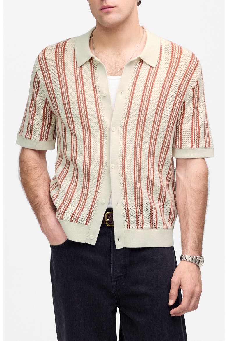 Stripe Open Stitch Button-Up Sweater Polo, Main, color, FADED BRICK