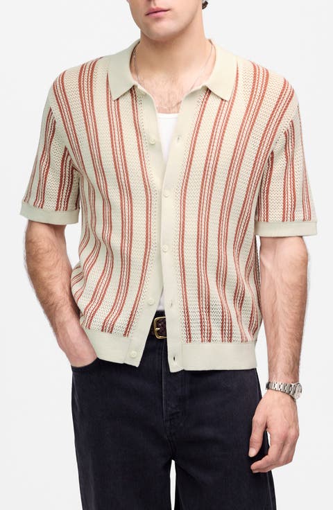 Stripe Open Stitch Button-Up Sweater Polo