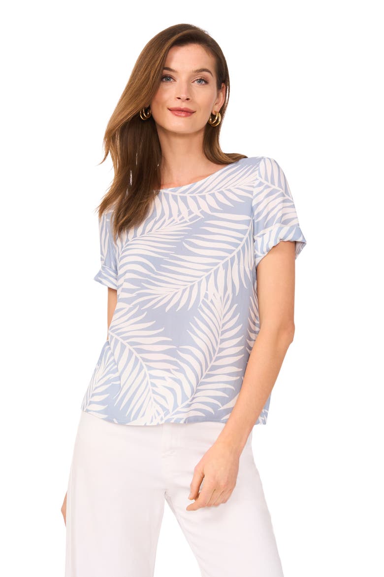 Palm Print Rolled Cuff Top, Alternate, color, LAKE BREEZE