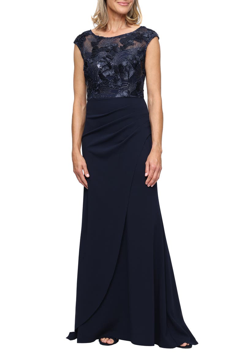 Soutache Sequin Illusion Neck Gown, Main, color, NAVY