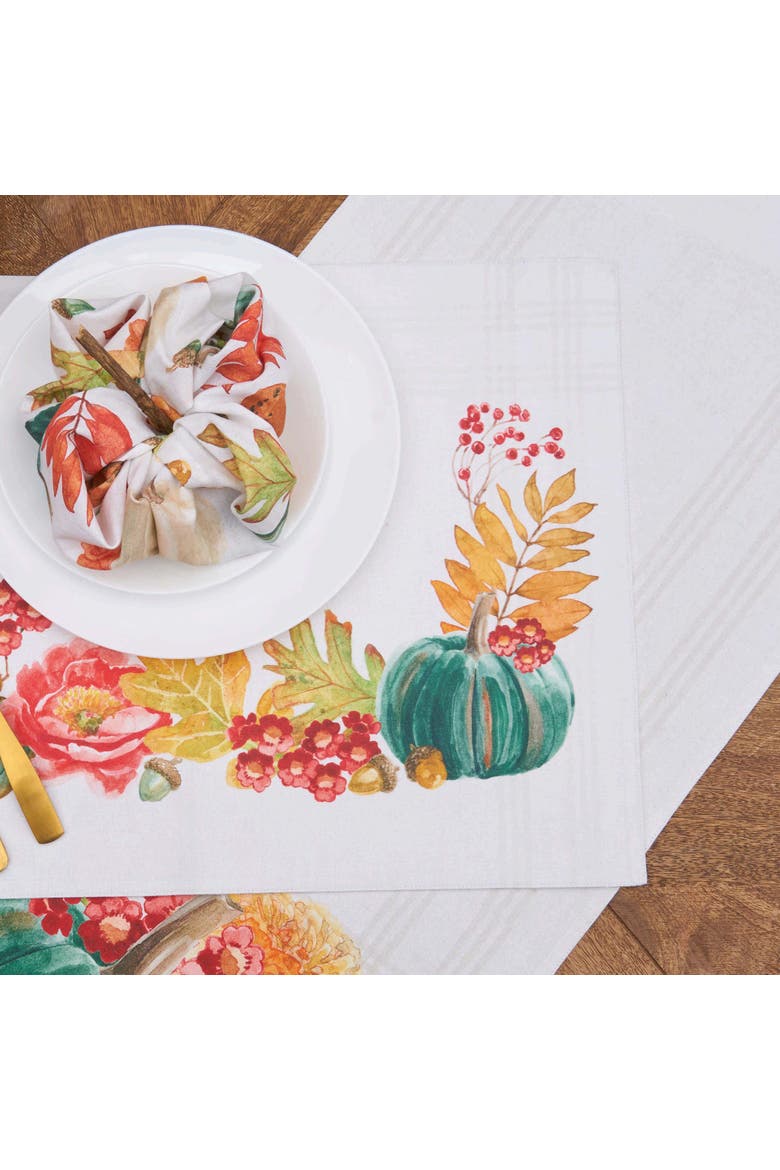 Harvest Teal Pumpkin Flower Leaves Cloth Placemats Set of 6 Autumn, 14" x 20", Alternate, color, Beige