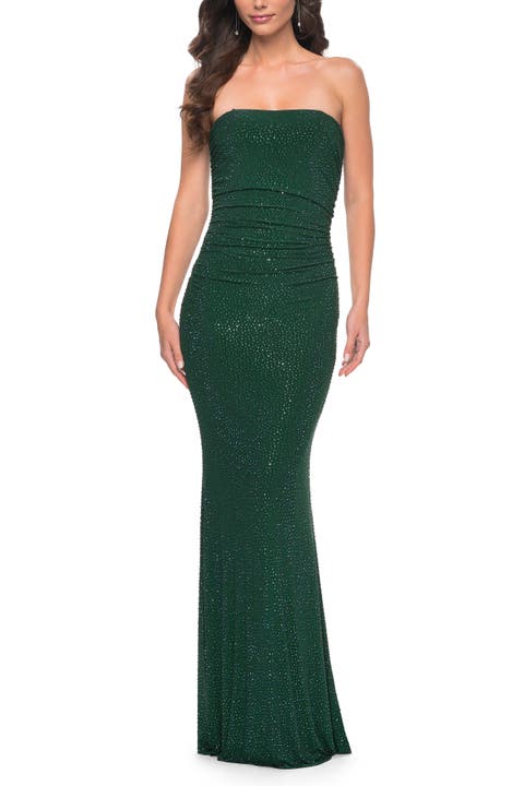 Rhinestone Embellished Strapless Ruched Prom Dress