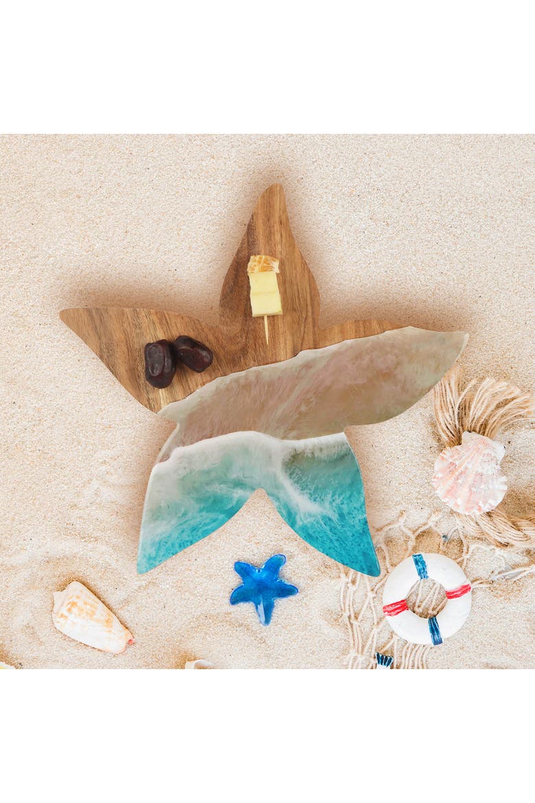 Sea Star Wave Coastal Wood Novelty Animal Shaped Serving Platter 12", Alternate, color, Brown