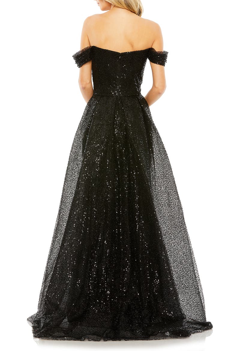 Off the Shoulder Sequin Panel Train Gown, Alternate, color, BLACK
