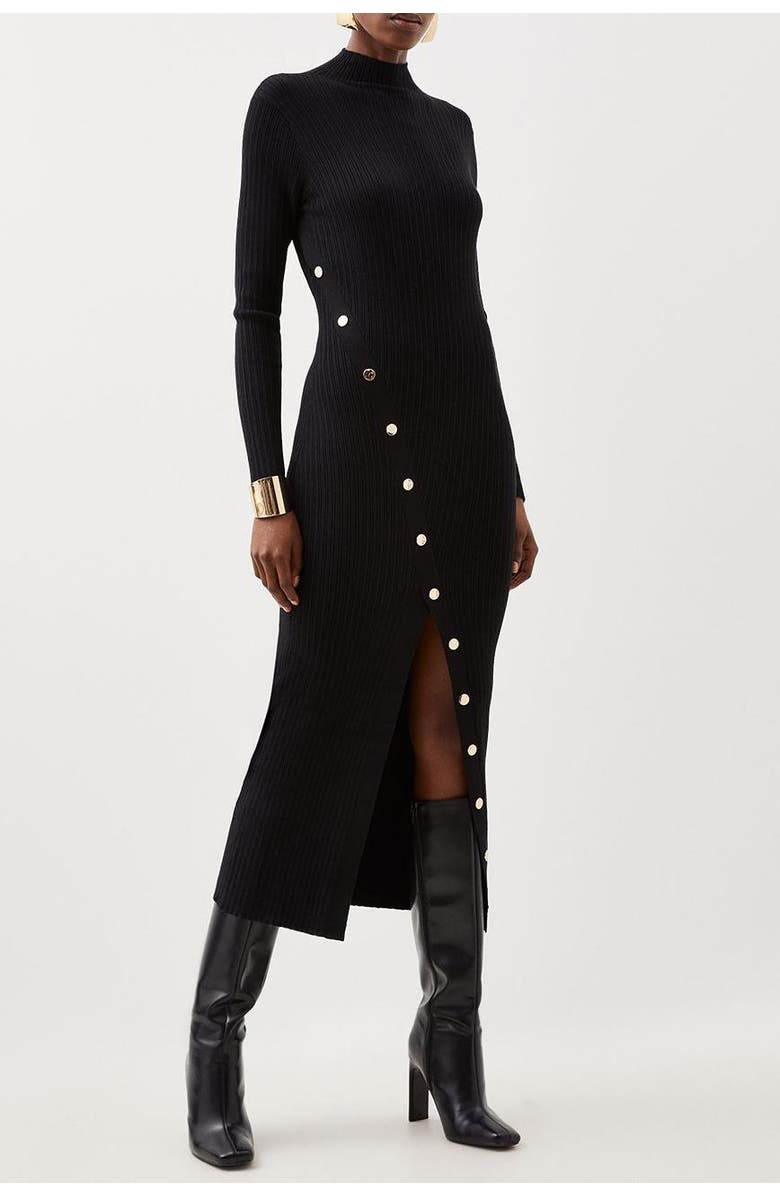 Karen Millen Viscose Popper Split Knit Midi Dress, Alternate, color,