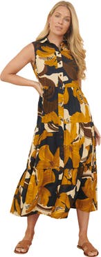 Yumi Cotton Leaf Midi Sleeveless Shirt Dress