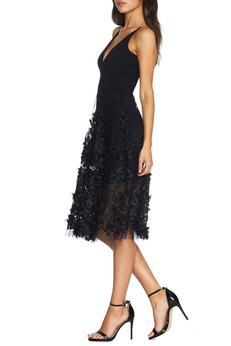 Darleen V-Neck Embroidered Mesh Cocktail Dress, Alternate, color, BLACK