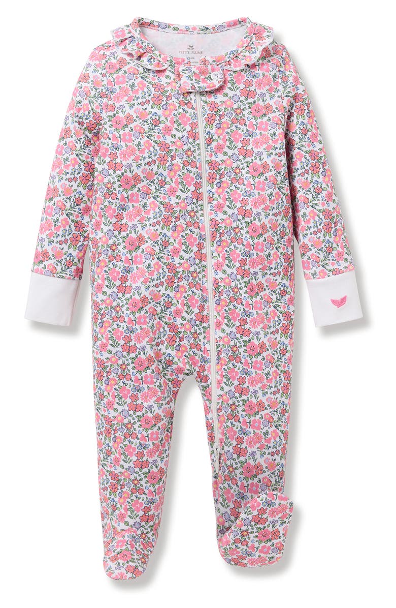 Petite Plume Floral Print Pima Cotton Zip Footie, Main, color, 