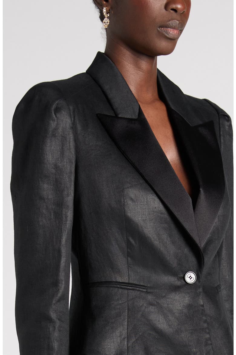 Peak Lapels Puff Sleeve Linen Jacket, Alternate, color, BLACK