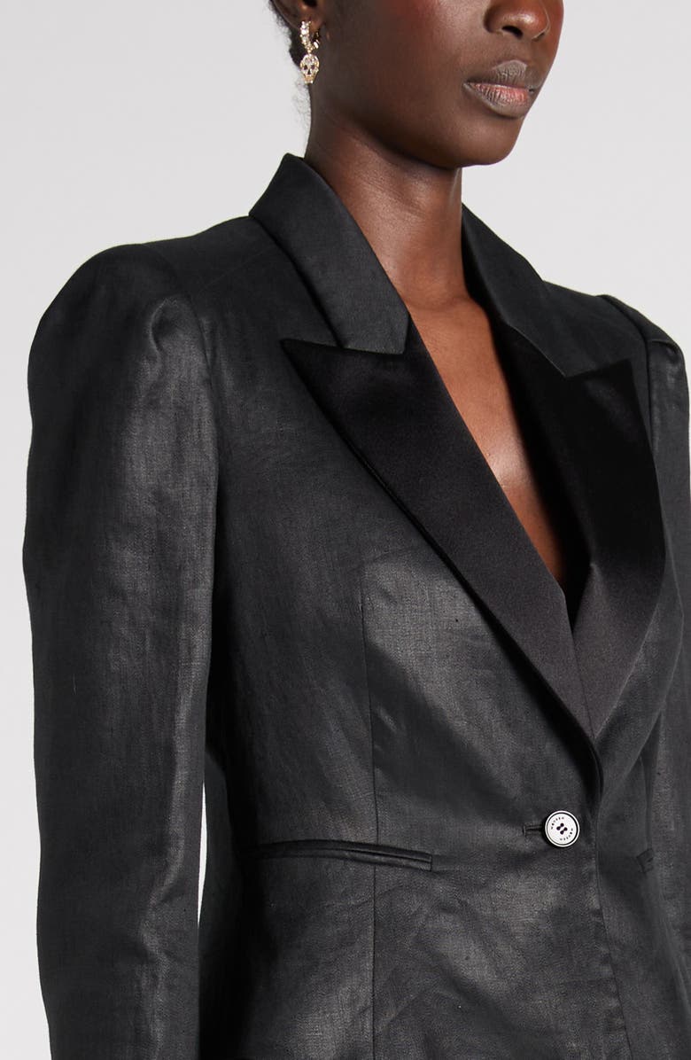 McQueen Peak Lapels Puff Sleeve Linen Jacket, Alternate, color, Black