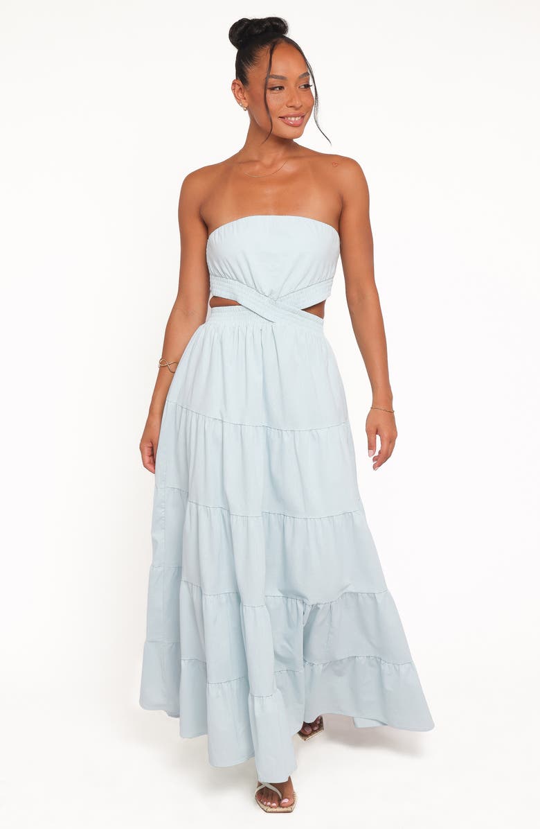 Petal & Pup Cadence Cutout Strapless Tiered Cotton Maxi Dress, Alternate, color, Blue