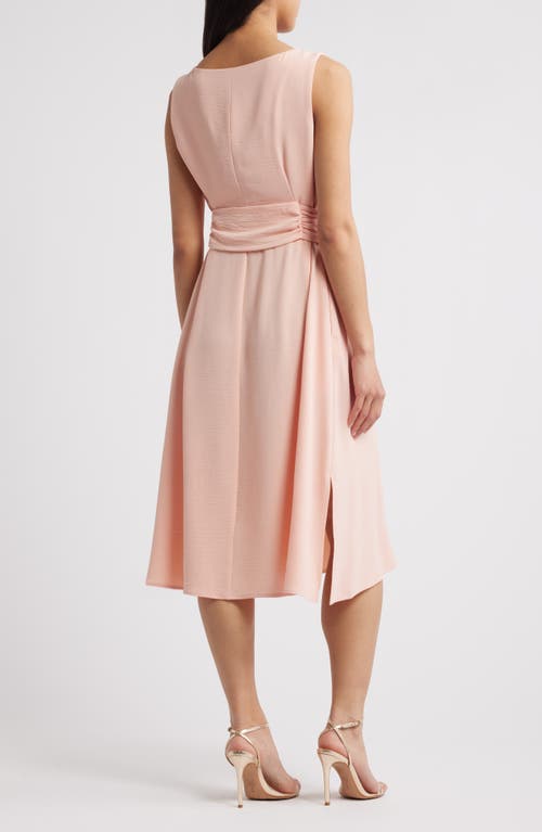 Connected Apparel Tie Waist Crepe Midi Dress In Peach