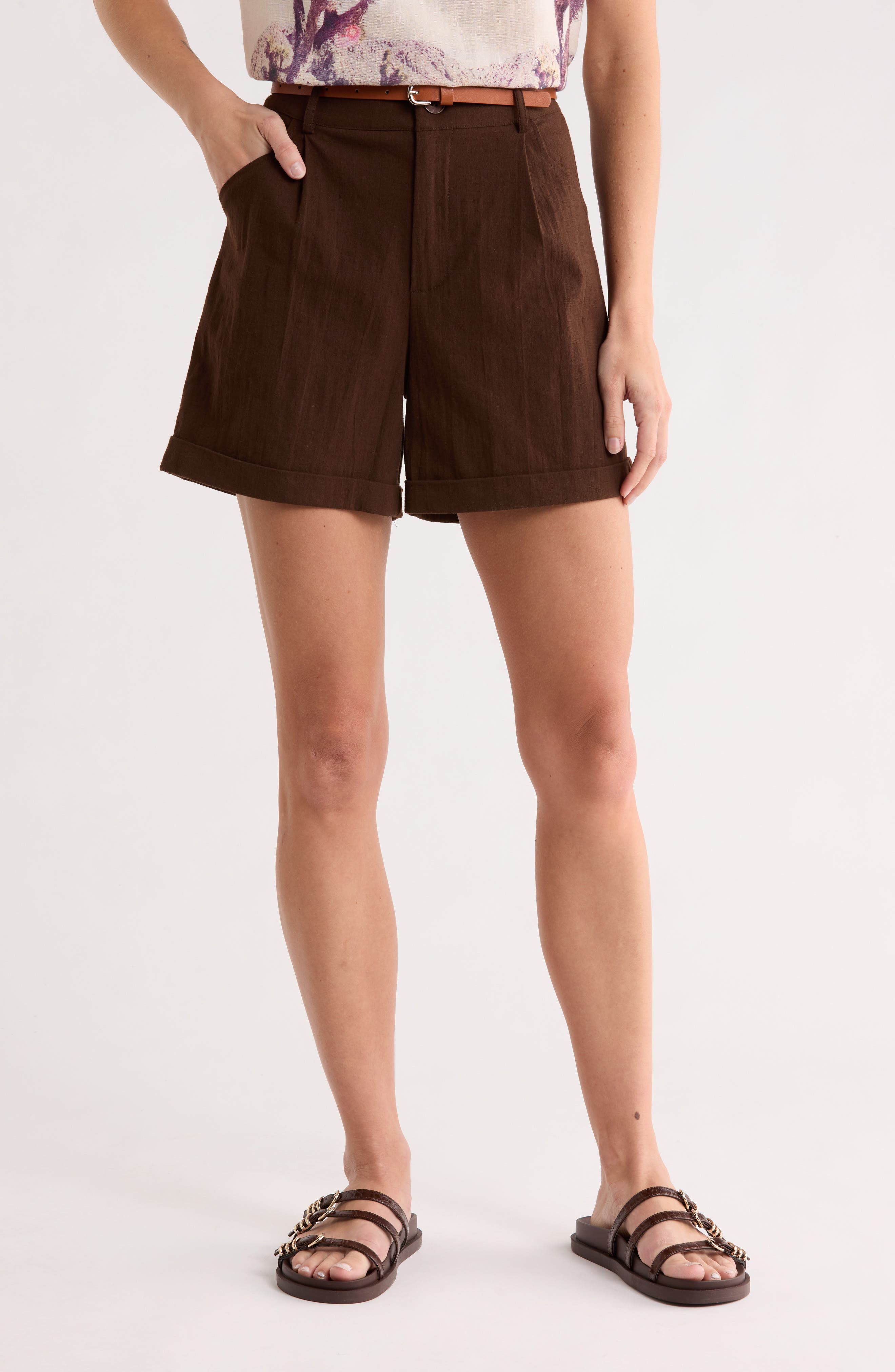 DR2 by Daniel Rainn Belted Pleated Front Stretch Cotton Shorts