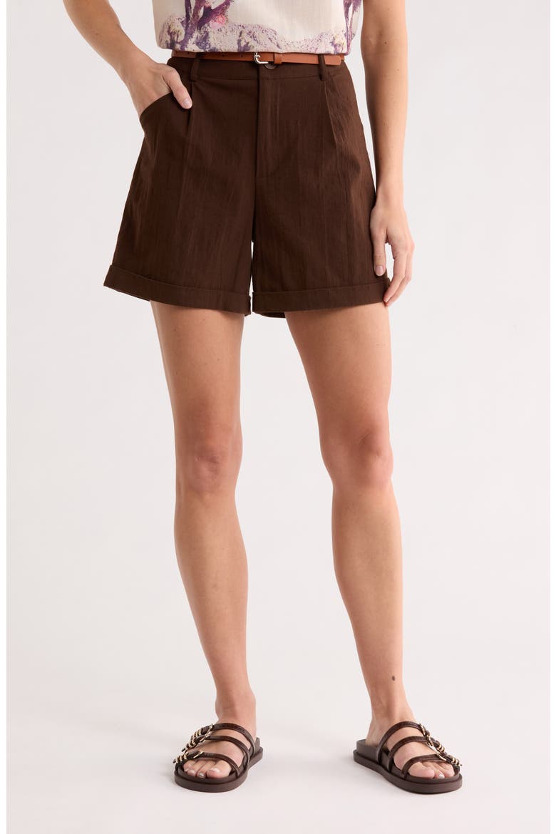 Belted Pleated Front Stretch Cotton Shorts, Main, color, ESPRESSO