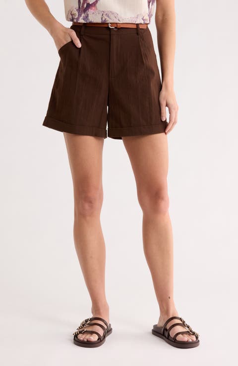 Belted Pleated Front Stretch Cotton Shorts