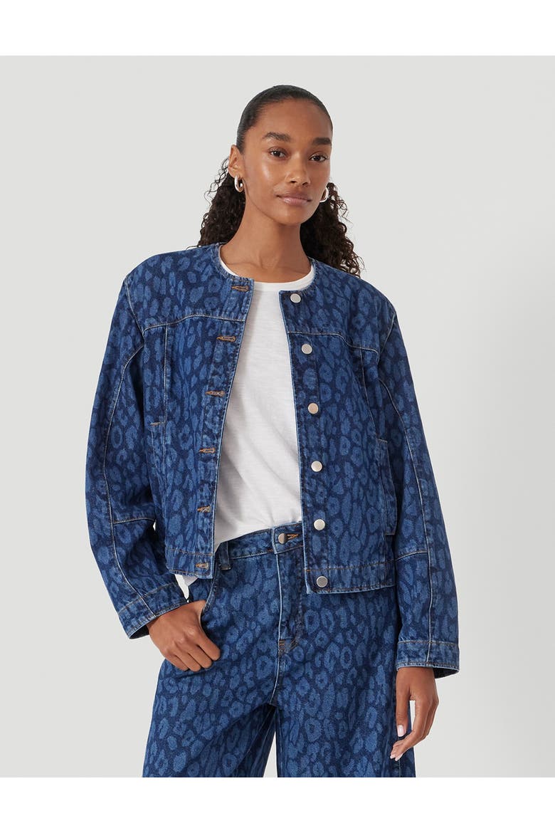 Velma Leopard Print Denim Jacket, Main, color, Laser Leopard Print Mid Blue