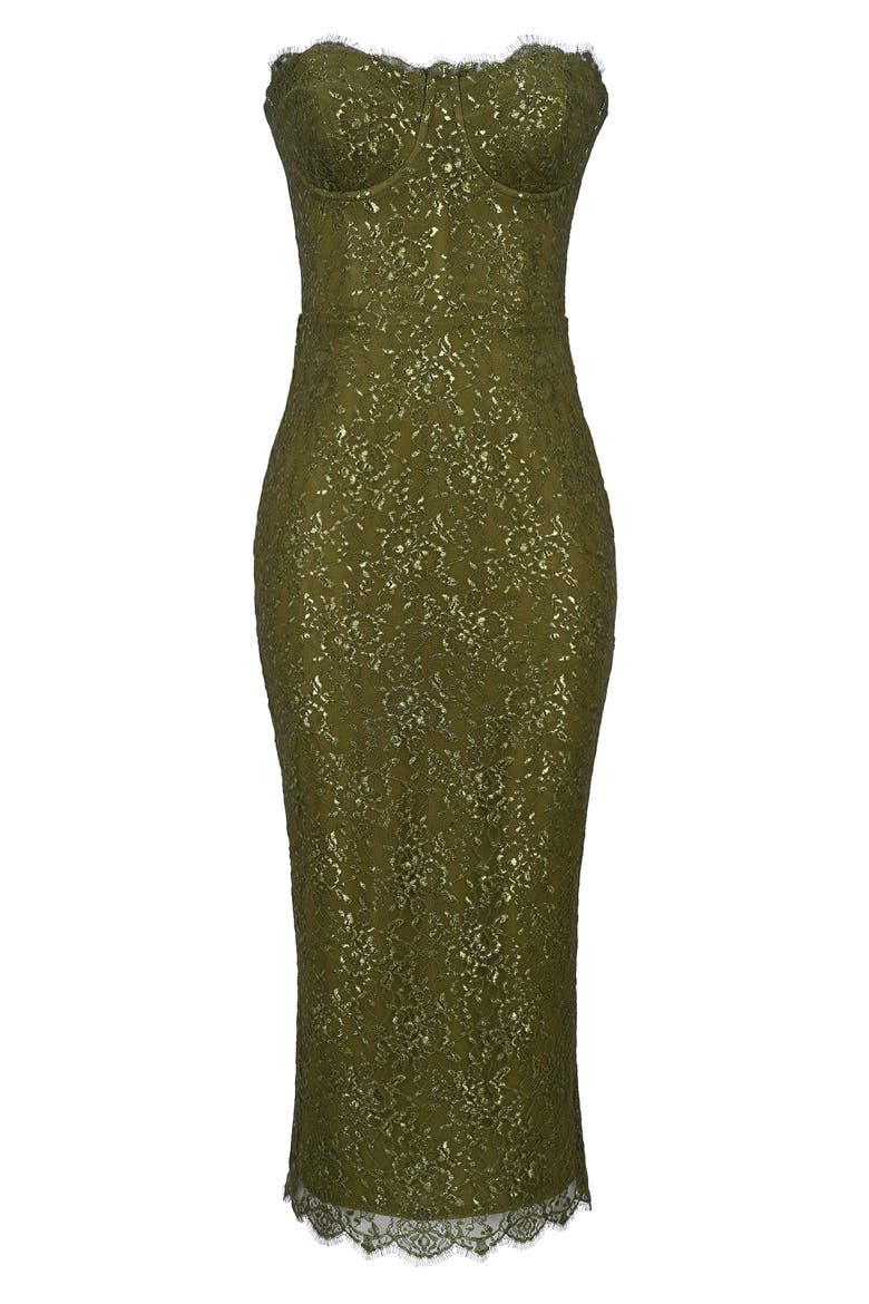 Alexia Metallic Floral Lace Strapless Midi Dress, Alternate, color, OLIVE