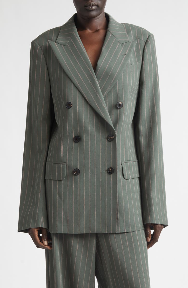 Dries Van Noten Pinstripe Double Breasted Virgin Wool & Cotton Crepe Blazer, Main, color, Forest