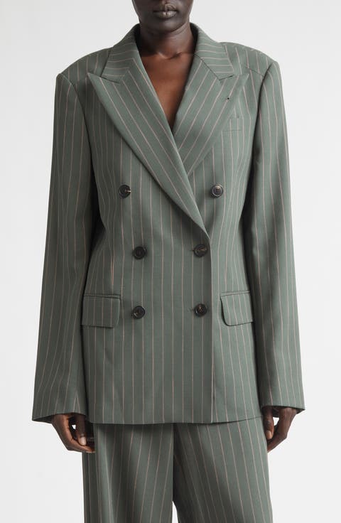 Pinstripe Double Breasted Virgin Wool & Cotton Crepe Blazer