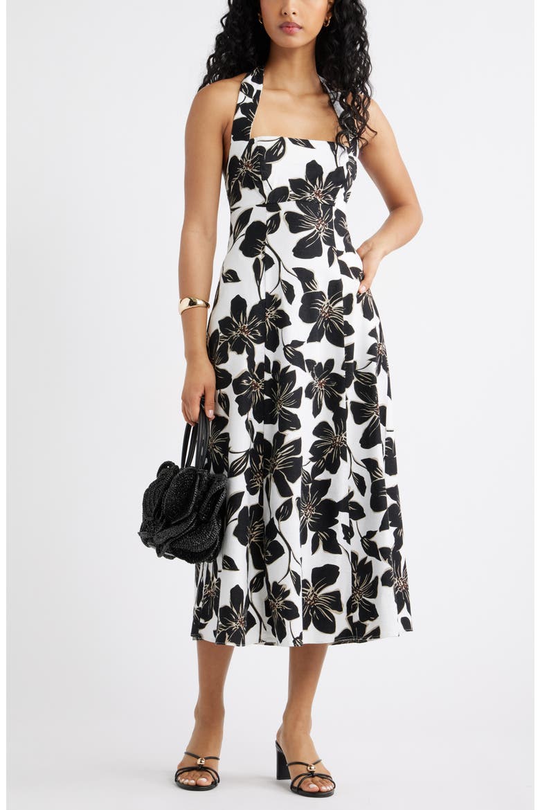 Linen Blend Halter Midi Dress, Alternate, color, WHITE- BLACK TROP BLOOM