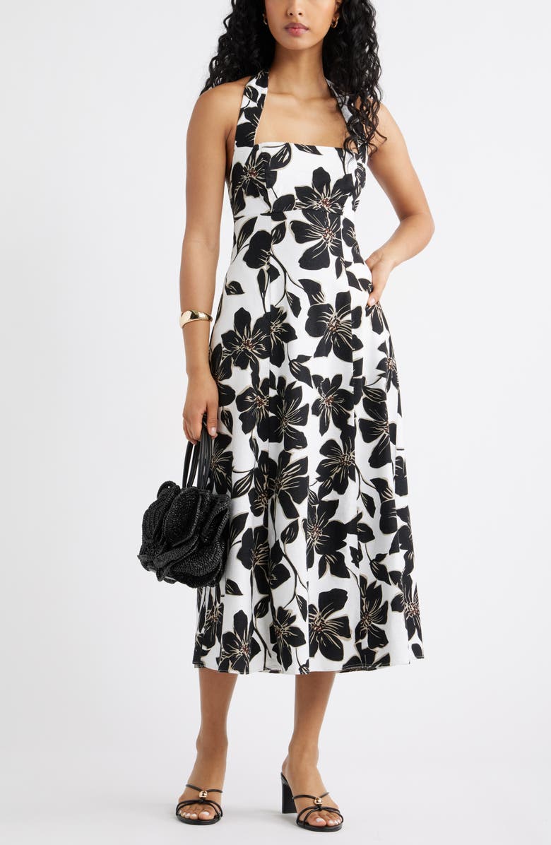 Open Edit Linen Blend Halter Midi Dress, Alternate, color, White- Black Trop Bloom