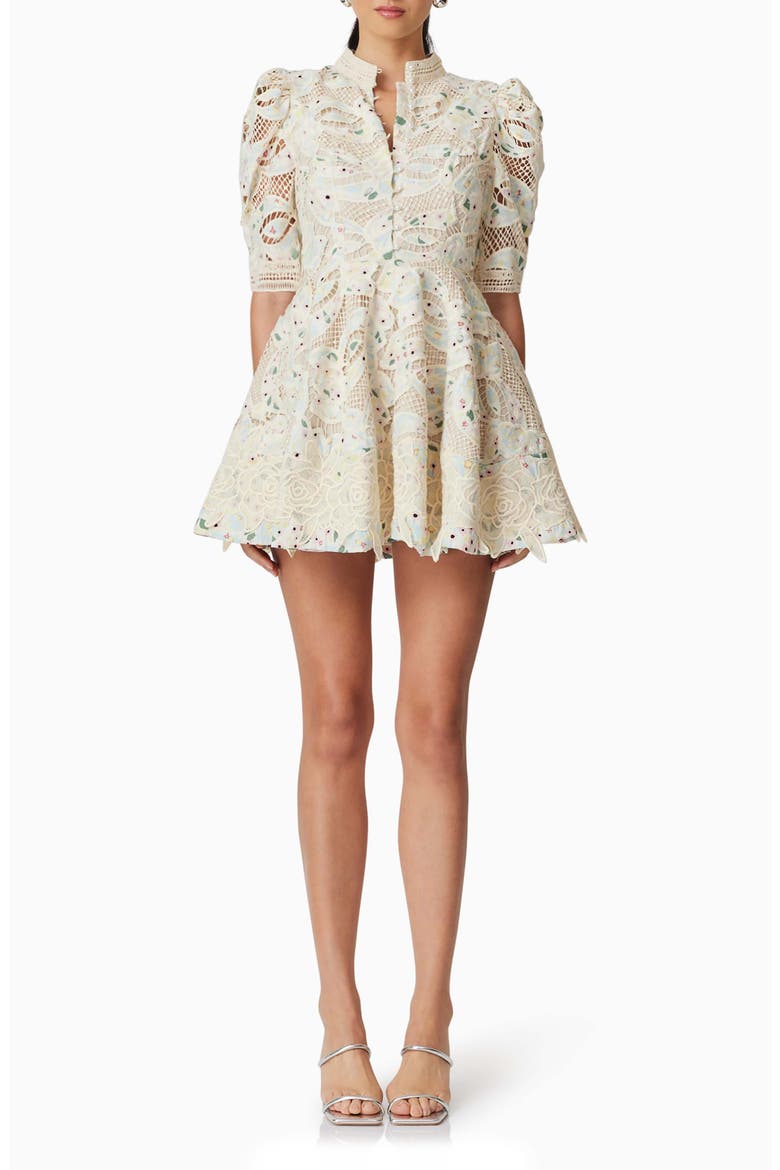 Kyla Puff Sleeve Lace Fit & Flare Minidress, Main, color, IVORY MULTI