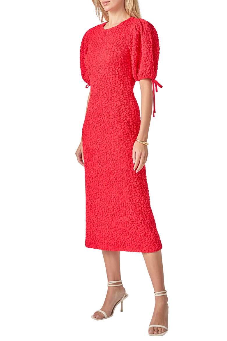 Textured Puff Sleeve Midi Dress, Alternate, color, RED