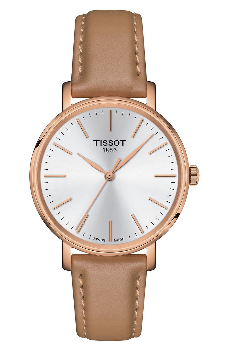 Tissot Everytime Leather Strap Watch, 34mm, Main, color, Beige