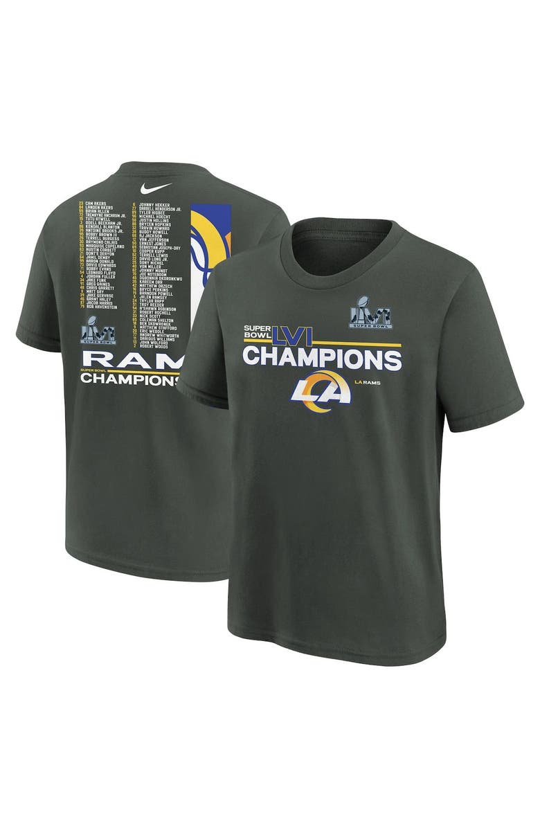 Nike Youth Nike Anthracite Los Angeles Rams Super Bowl LVI Champions Roster T-Shirt, Main, color, 