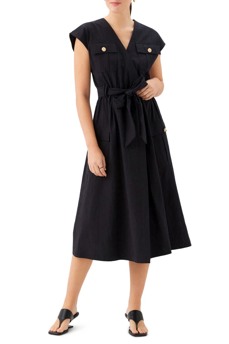 Darcie Belted Cotton Midi Dress, Main, color, BLACK