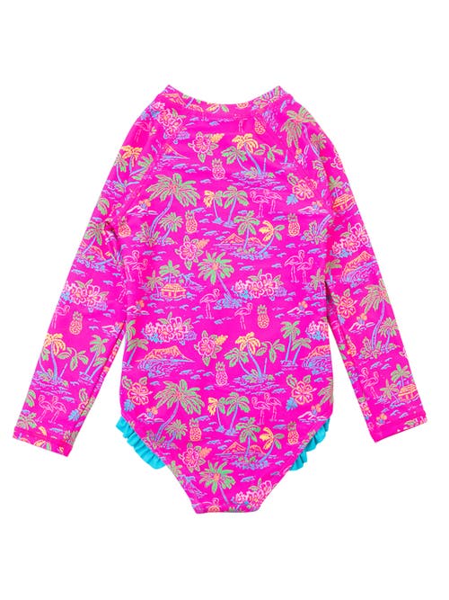 Shop Rufflebutts Girls Upf50+ Sun Protection Long Sleeve Rash Guard One Piece In Neon Island Time