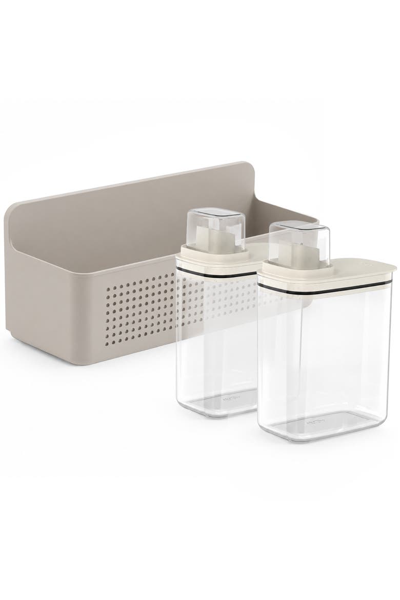 Clear Airtight 50oz Laundry Detergent Dispenser Set with Measuring Cap and Wall Mounted Storage Basket, 3 Piece Organizer, Main, color, Beige