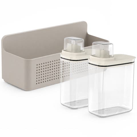 Clear Airtight 50oz Laundry Detergent Dispenser Set with Measuring Cap and Wall Mounted Storage Basket, 3 Piece Organizer