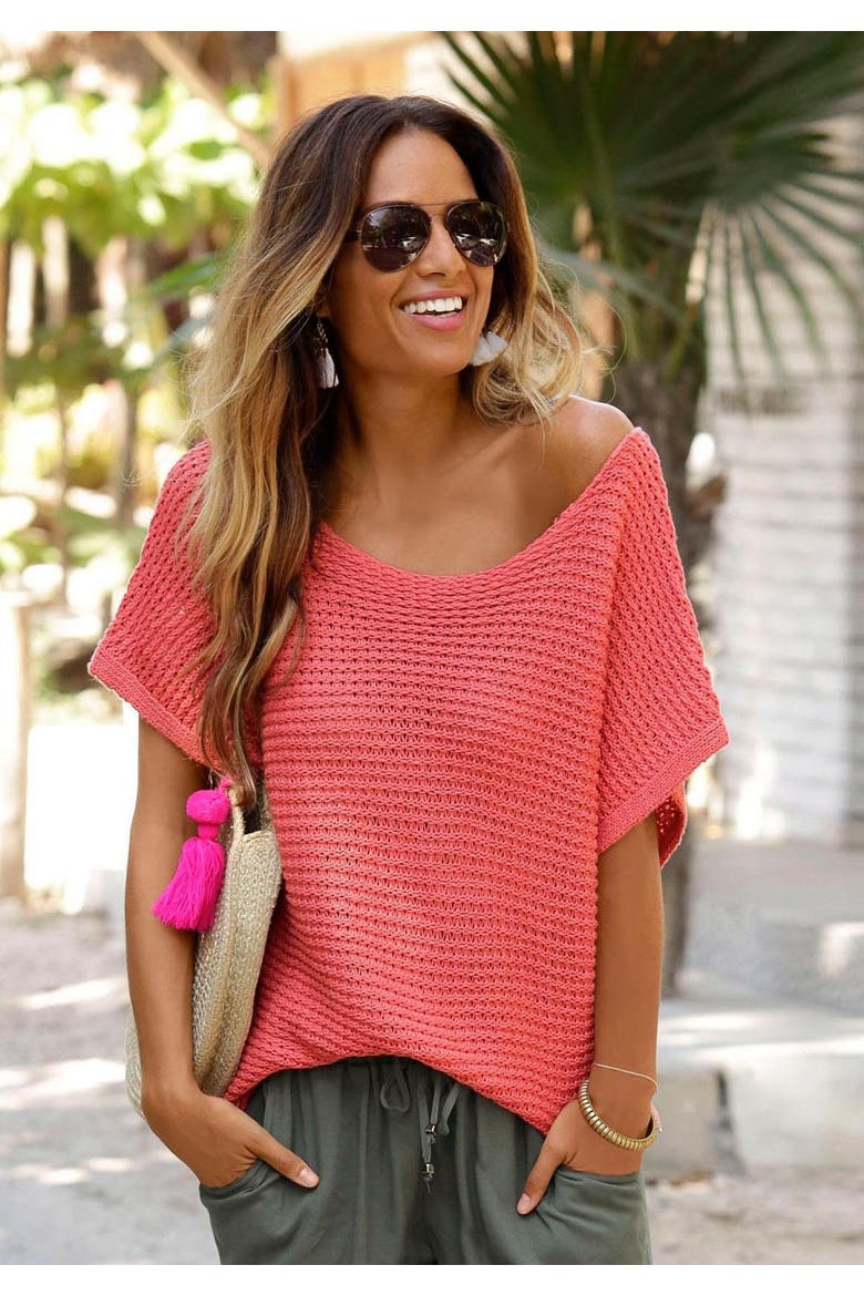 Short Sleeve Knit Sweater, Alternate, color, Coral