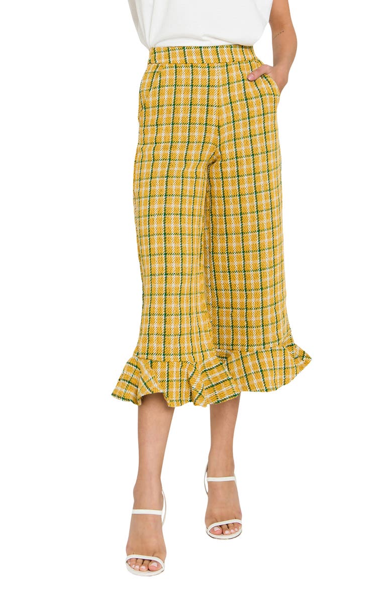 English Factory Plaid Ruffle Hem Tweed Culottes, Main, color, 