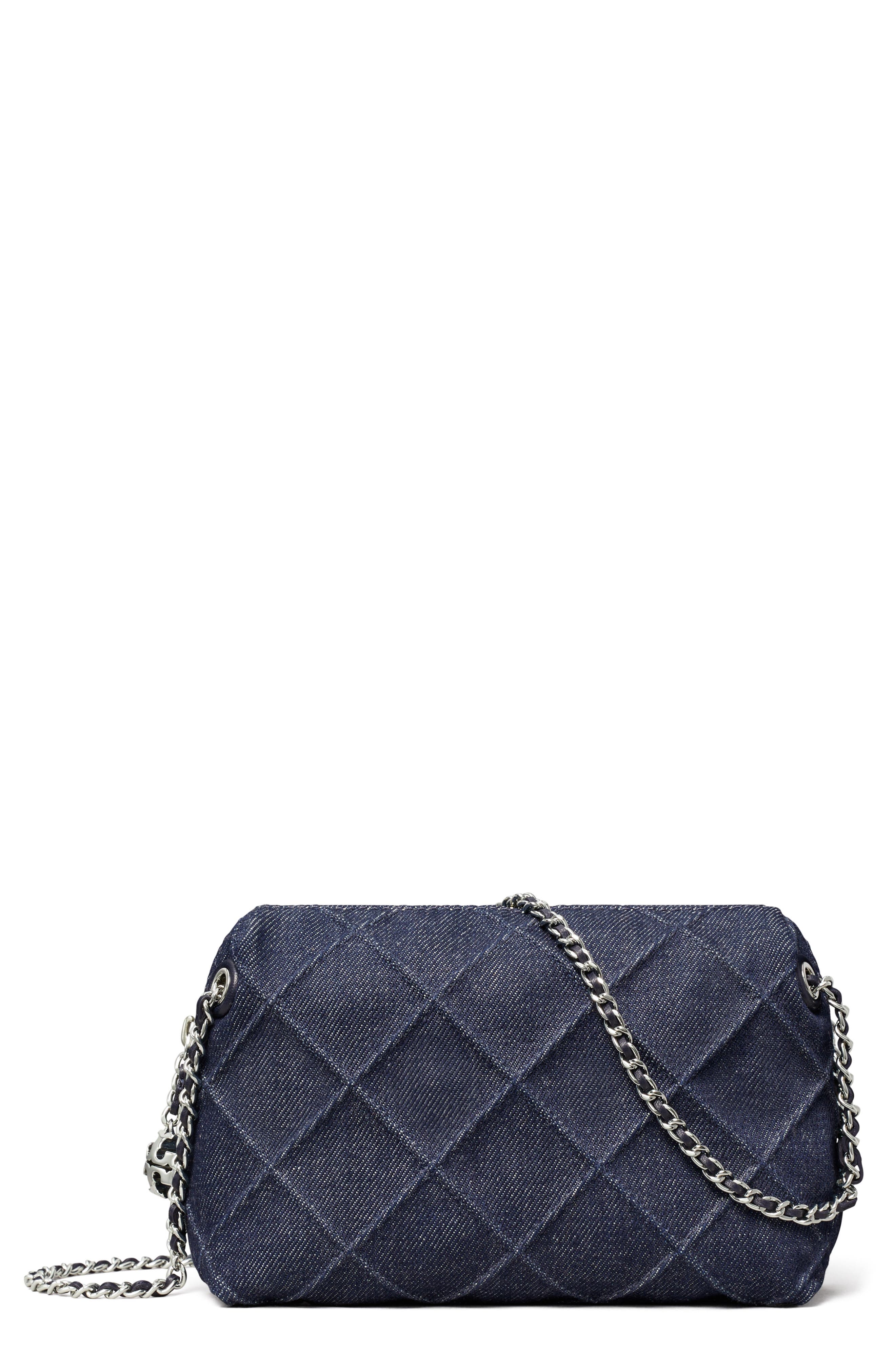 Tory Burch Fleming Denim Soft Crossbody Bag, Main, color, Blue
