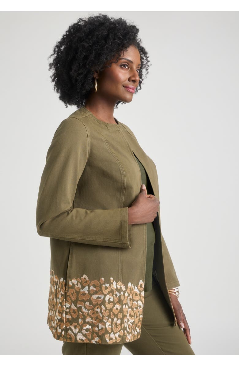 Jessica London Embroidered Denim Topper, Alternate, color, Green Animal Embroidery