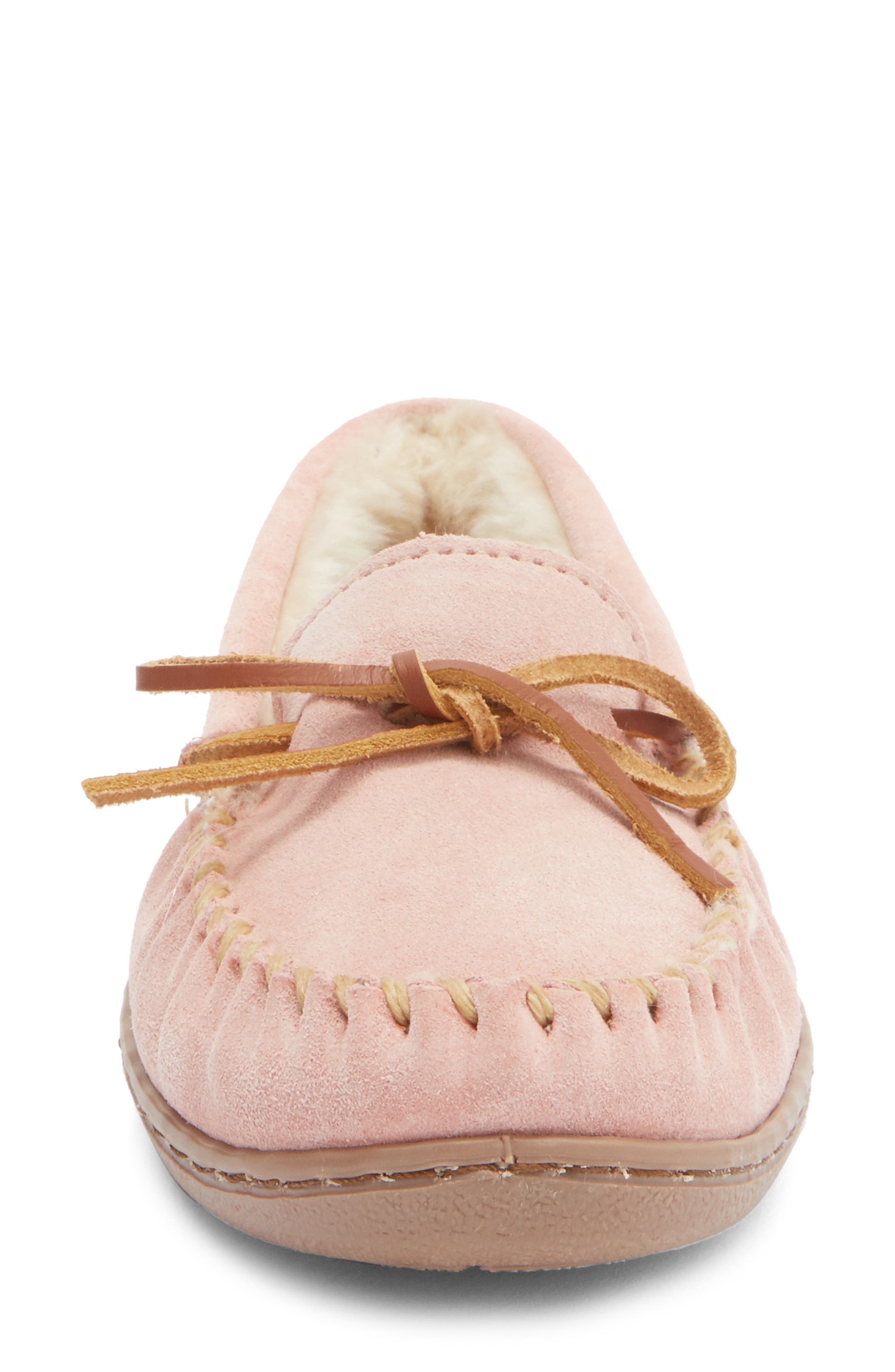 Minnetonka Suede Faux Fur Slipper, Alternate, color, Pink