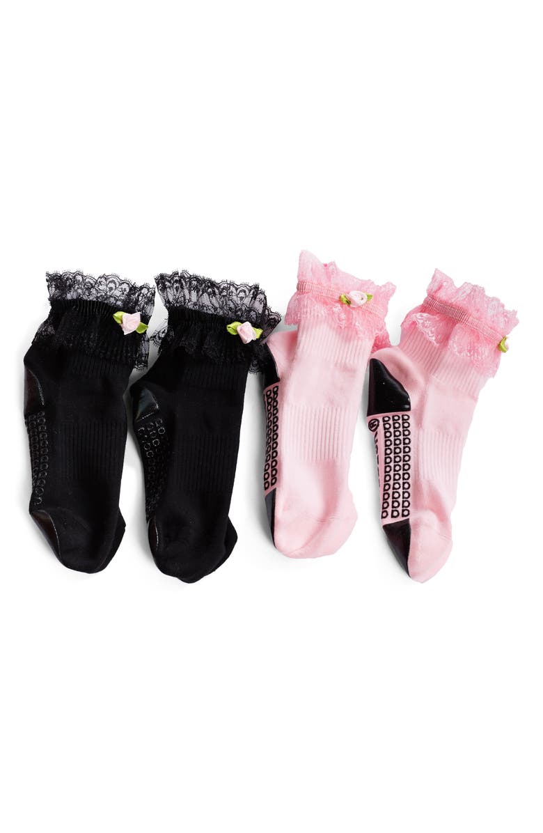 Arebesk Diana Ruffle Assorted 2-Pack Grip Socks, Main, color, Black- Pink