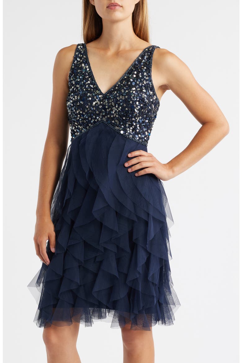 Beaded Ruffle Skirt Minidress, Main, color, NAVY